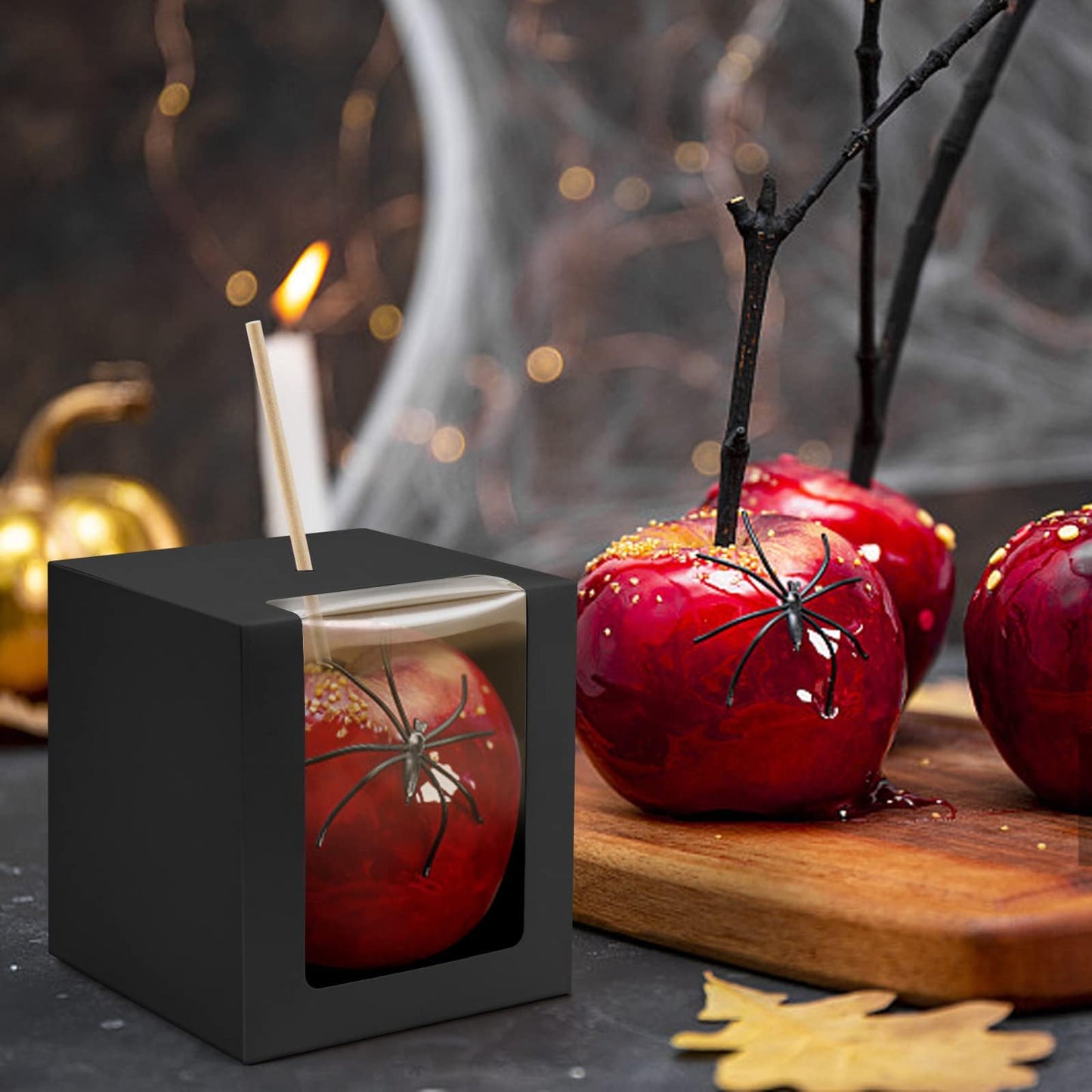 BadenBach 40 Pack Kraft Candy Apple Boxes with Sticks,4" x 4" x 4",Caramel Apple Box Kit Chocolate Cake Treat Boxes with Clear Window for Wedding,Party,Birthday,Baby Shower,Halloween (Black)
