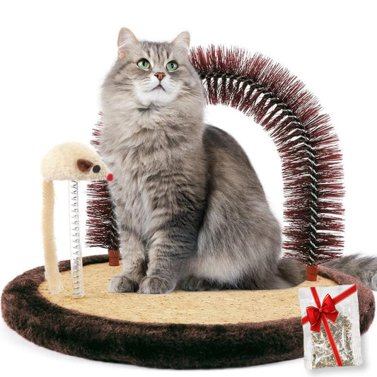 Happi N Pets Original Cat Self Groomer, Arch Grooming Brush wtih Heavy Wooden Scratching Pad, Rubbing Post & Toy, Cat Face Scratchers Body Massager, Cat Scratchers for Indoor Cats, Brown