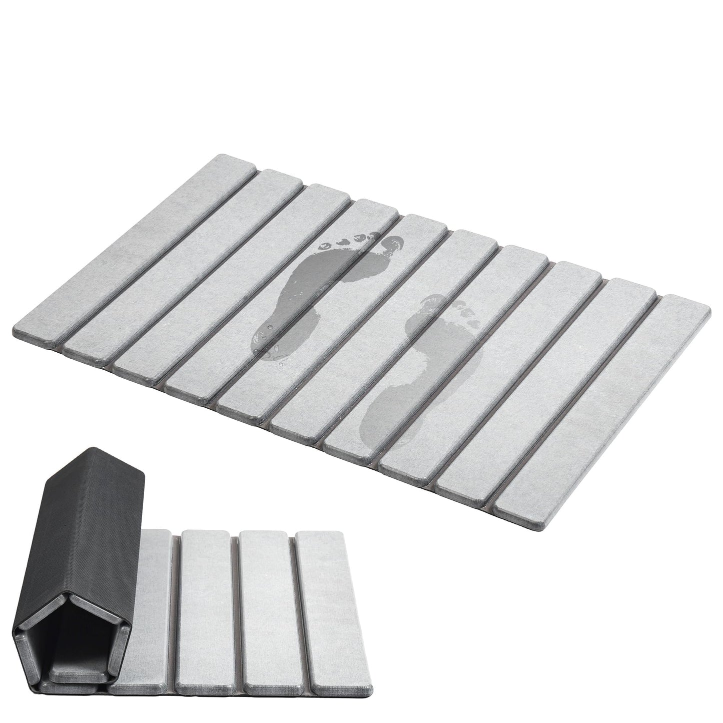 AWW Foldable Stone Bath Mat, Super Absorbent Diatomite, Non-Slip Quick Drying Mat, Compact, Light Grey, 23.6x15.5 Inches