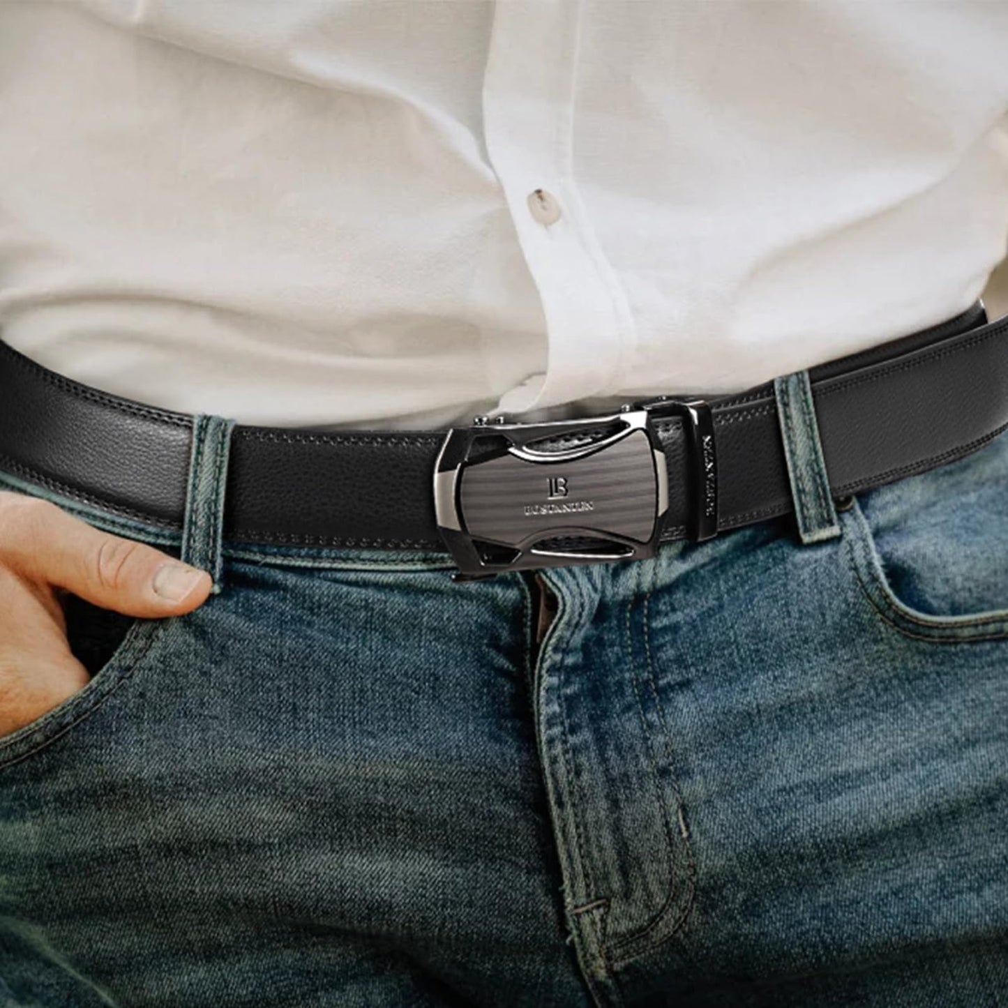 BOSTANTEN Mens Belt Leather 2 Pack Ratchet Belt For Men Dress and Casual with Adjustable Buckle, Trim to Fit