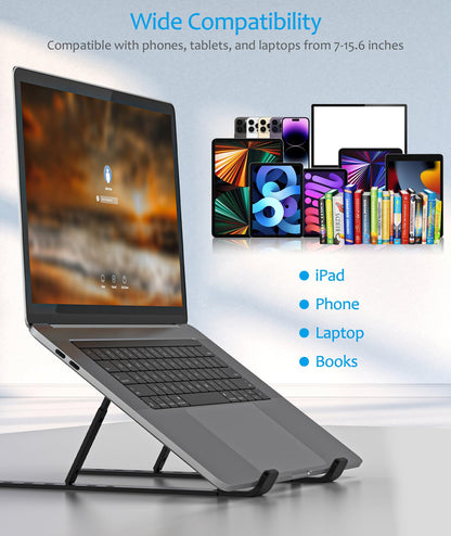 BoYata Laptop Stand, Portable Laptop Holder Computer Stand for Desk, Aluminum Foldable Laptop Riser with 6 Levels Height Adjustment, Compatible with MacBook, HP, Lenovo, Dell, 10-15.6" Laptops (Black)