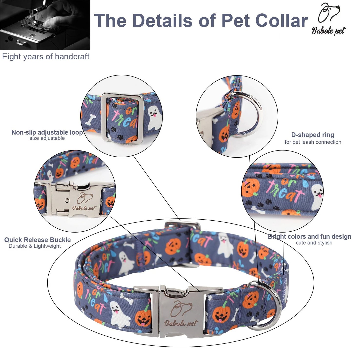 Babole Pet Halloween Dog Collar for Medium Dogs - Cute Halloween Ghost Pumpkin Dog Collars, Adjustable Heavy Duty Pet Holiday Collar with Metal Buckle M