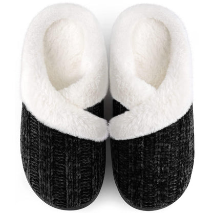 Black Slippers for Women Fuzzy House Slip on Indoor Outdoor Bedroom Furry Fleece Lined Ladies Comfy Memory Foam Female Home Shoes Anti-Skid Rubber Hard Sole Black Size 11-12