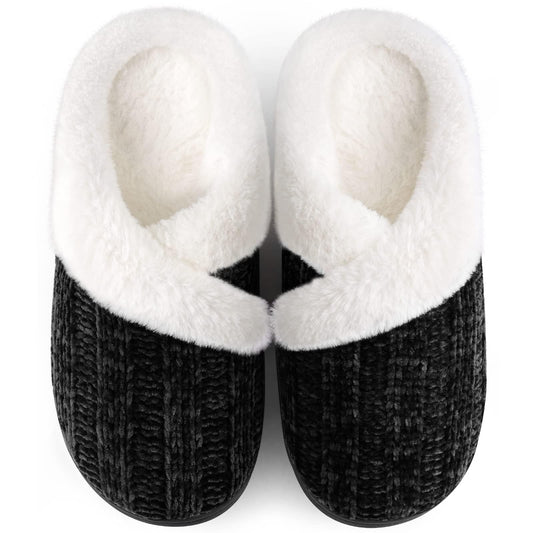 Black Slippers for Women Fuzzy House Slip on Indoor Outdoor Bedroom Furry Fleece Lined Ladies Comfy Memory Foam Female Home Shoes Anti-Skid Rubber Hard Sole Black Size 11-12