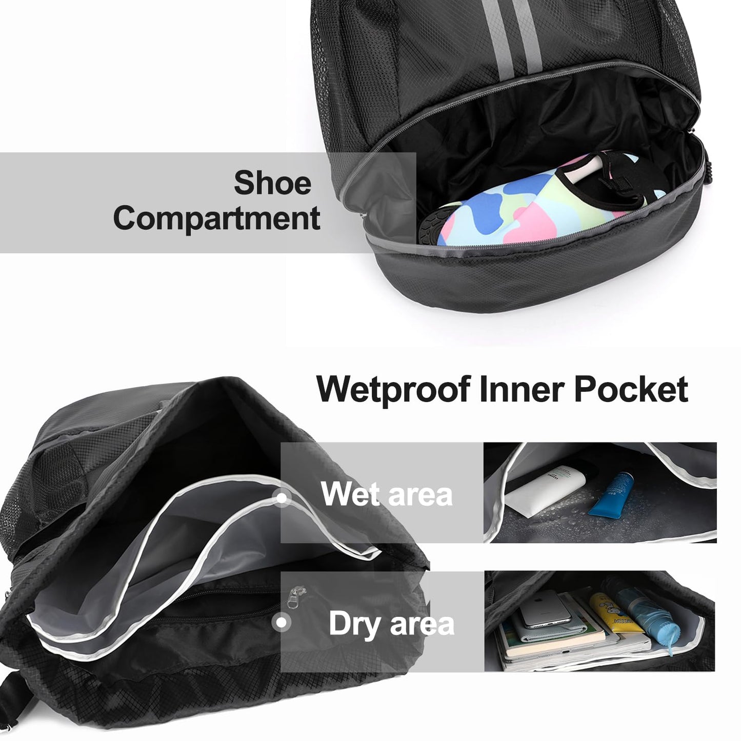 Hoedia Sports Drawstring Backpack - String Swim Gym Bag with Shoes Compartment and Wet Proof Pocket for Women&Men