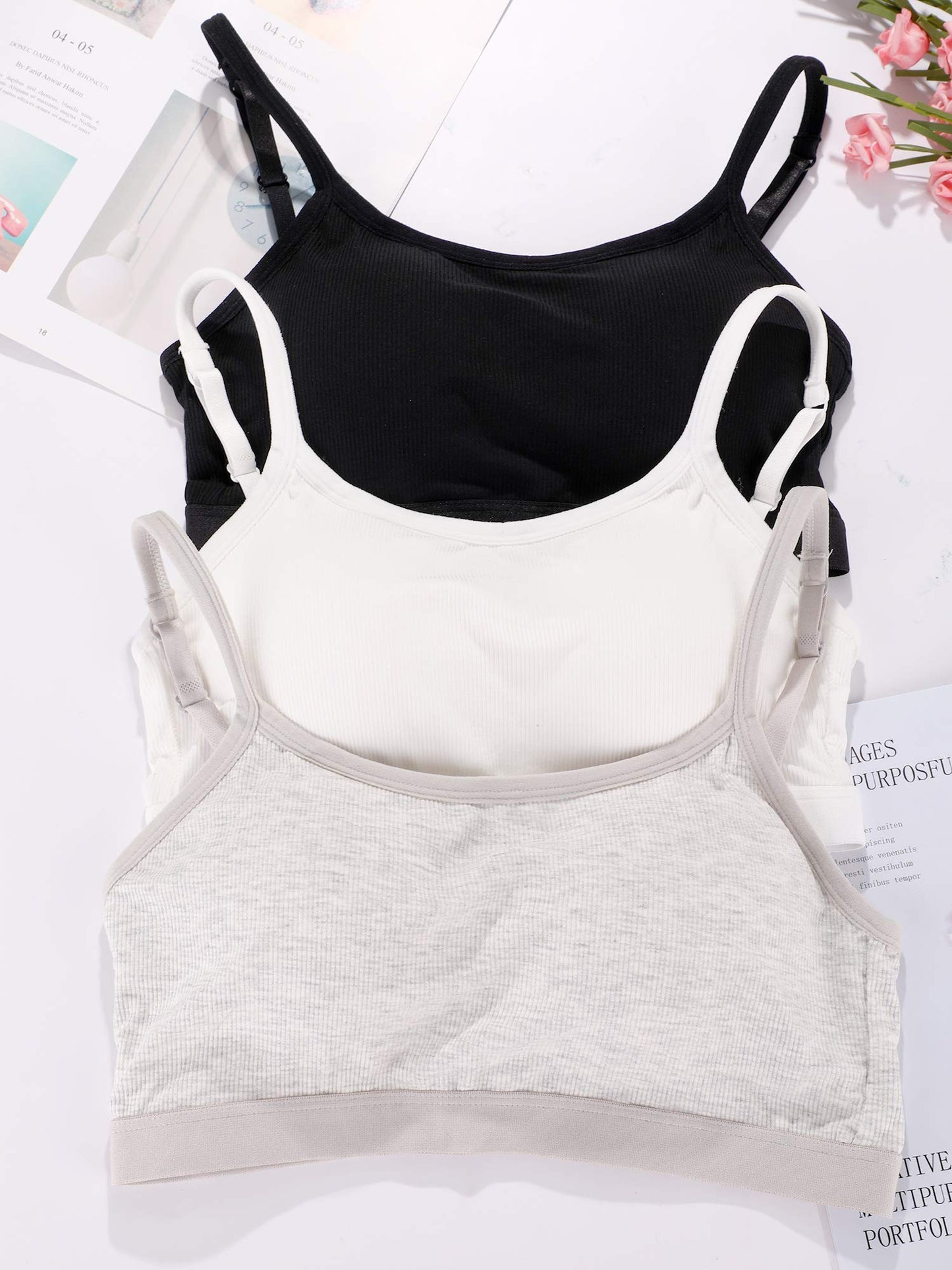 Boao 3 Pieces Mini Camisole Bra Padded Brassiere Tank Top Brassiere Women Sports Bra with Straps(Black, White, Grey,L)