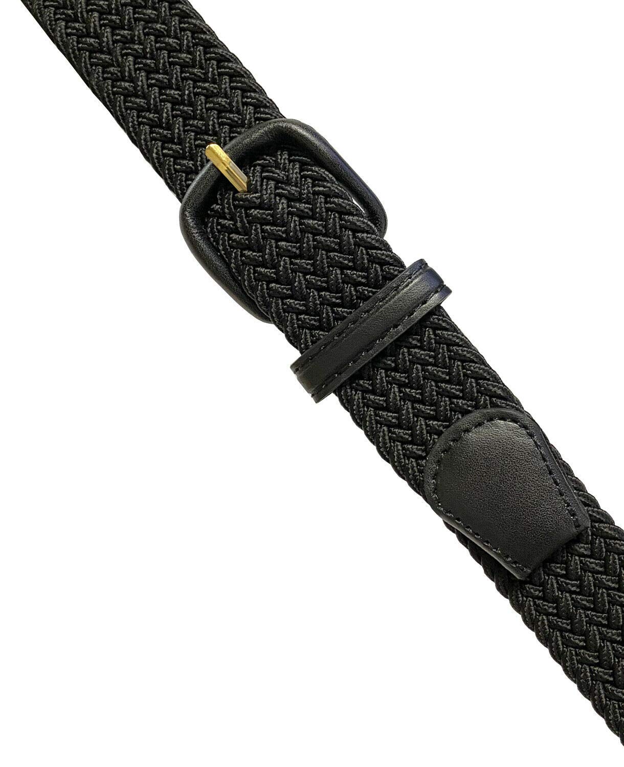 Belts.com Leather Covered Buckle Woven Elastic Stretch Belt, Black, (M(34-36")
