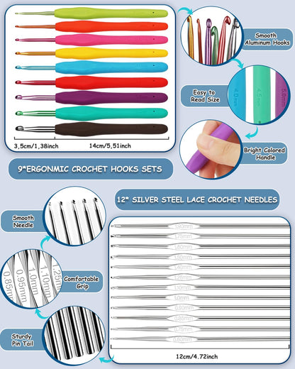 Aeelike Crochet Kit for Beginners with 15 Colors Yarn and Introduction Book, 71pcs Crochet Starter Kit Everything for Adult, Learn to Crochet Kit with Soft Grip Crochet Hooks and Blue Cat Bag