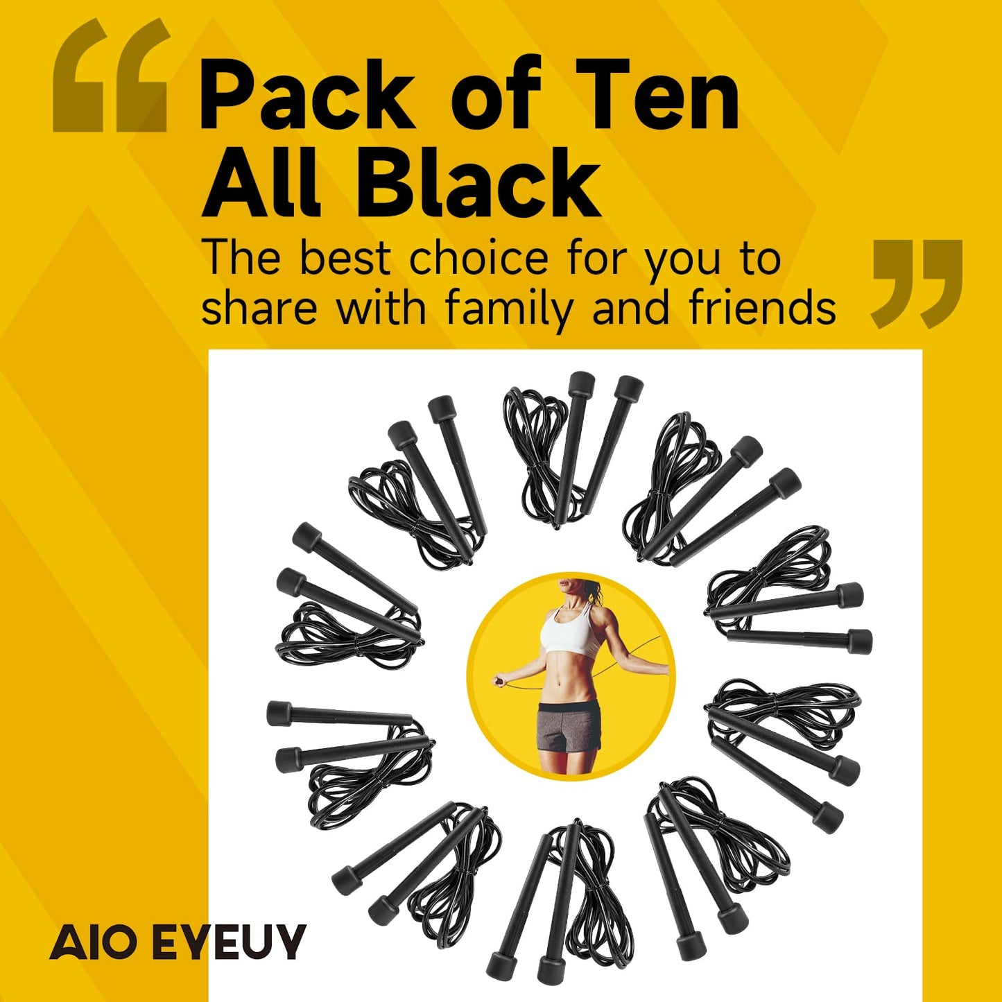 AIO EYEUY Adjustable Jump Rope for Fitness and Exercise-PVC Skipping Rope for Men,Women and Kids-Tangle-Free for Keeping Fit, Training, Workout 10 Pack Black