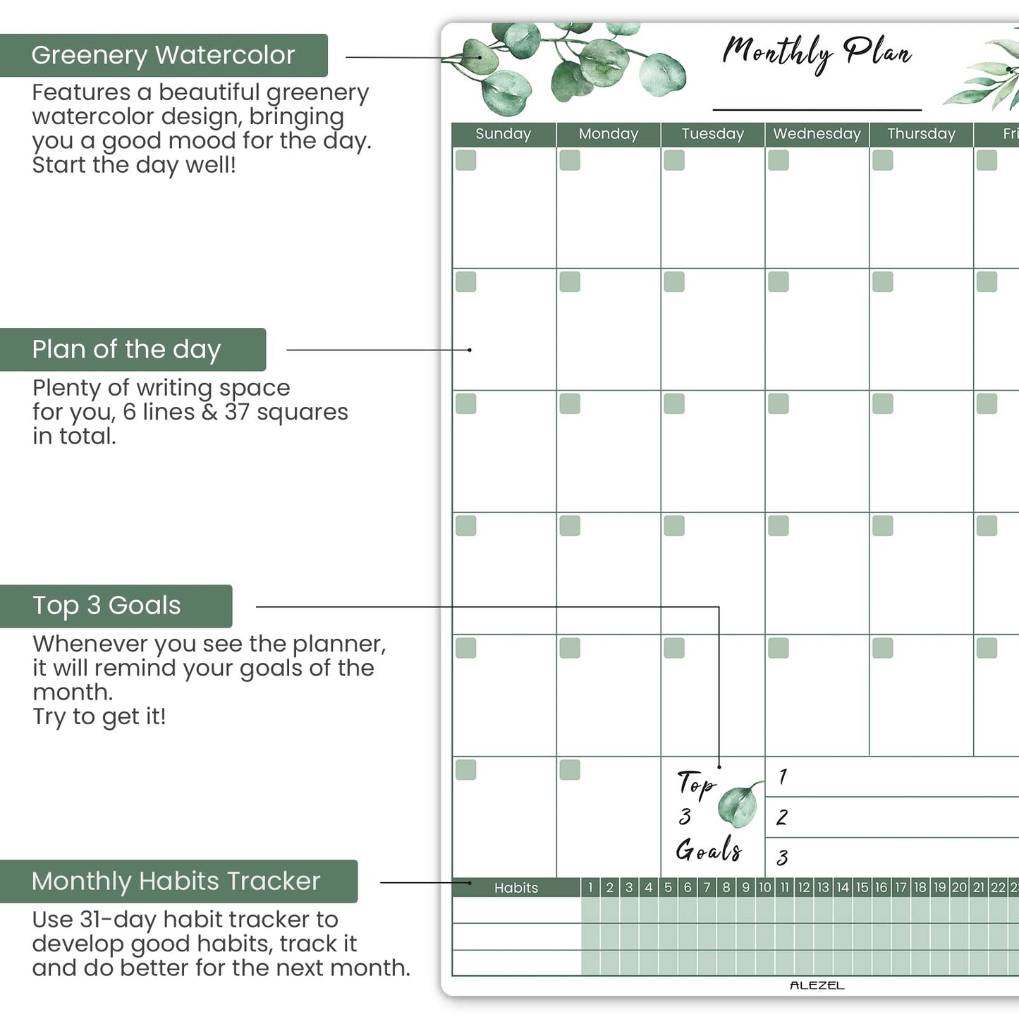 ALEZEL Magnetic Calendar for Refrigerator, Greenery Dry Erase Fridge Calendar Set (3 Boards) - Monthly & Weekly Planner Whiteboard, Shopping List White Board, 3 Markers + Eraser