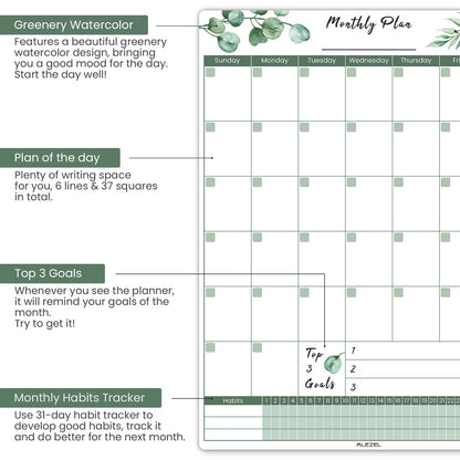 ALEZEL Magnetic Calendar for Refrigerator, Greenery Dry Erase Fridge Calendar Set (3 Boards) - Monthly & Weekly Planner Whiteboard, Shopping List White Board, 3 Markers + Eraser