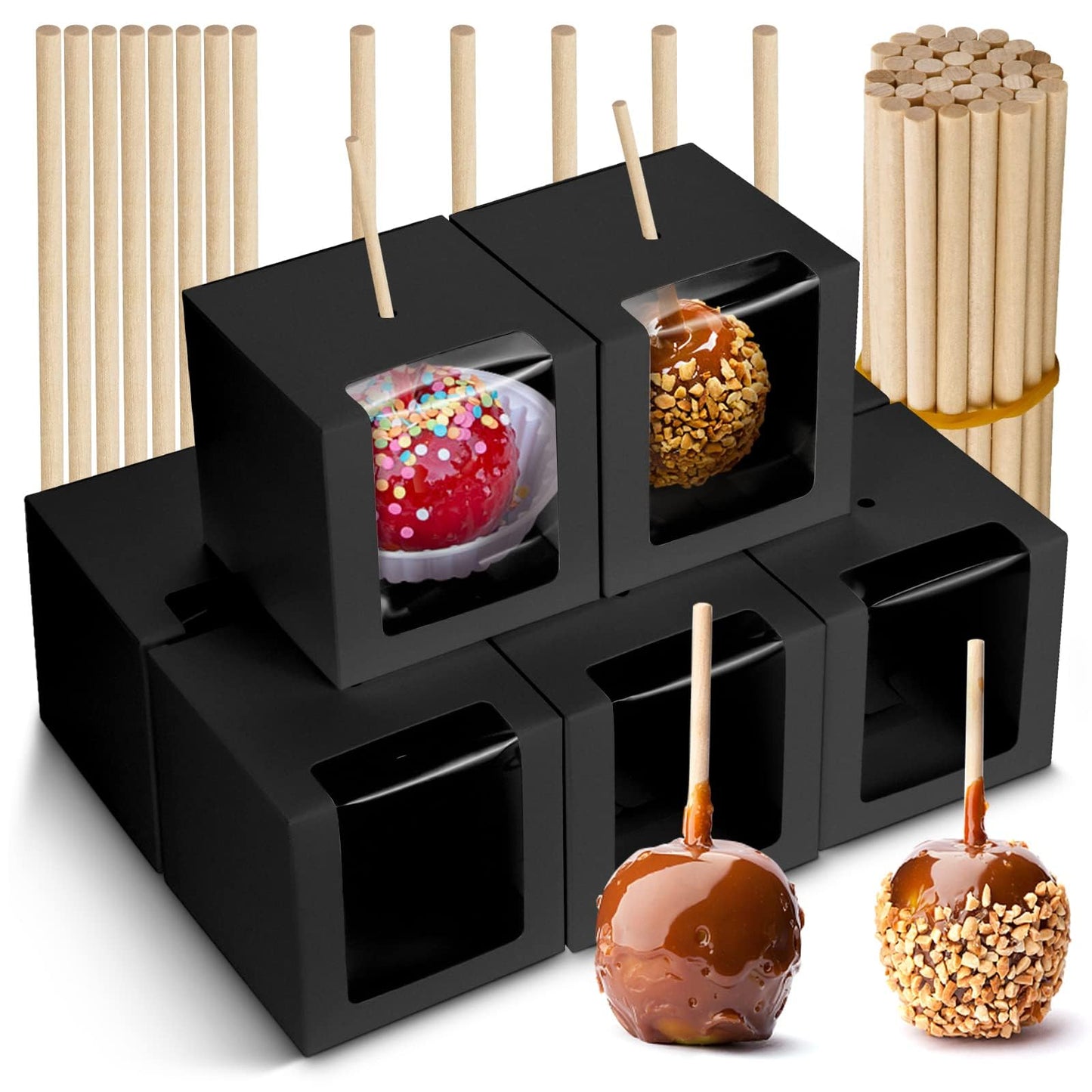 BadenBach 40 Pack Kraft Candy Apple Boxes with Sticks,4" x 4" x 4",Caramel Apple Box Kit Chocolate Cake Treat Boxes with Clear Window for Wedding,Party,Birthday,Baby Shower,Halloween (Black)