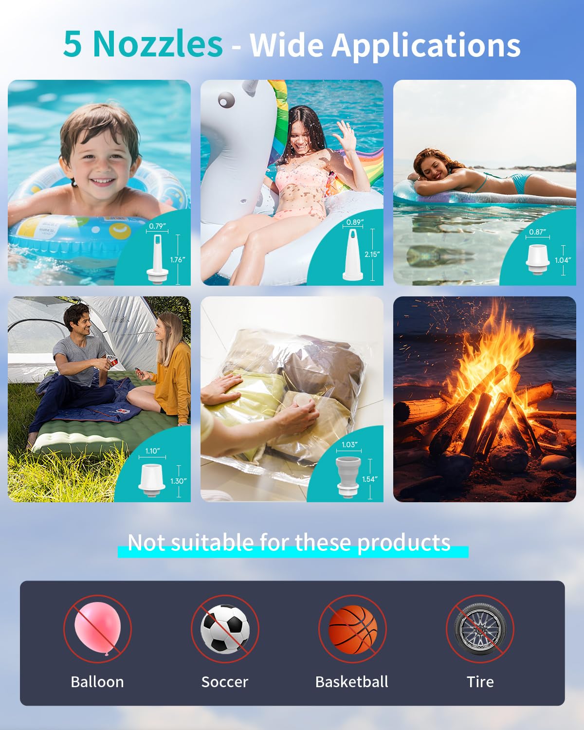 Air Pump for Inflatables Mini Air Mattress Pump Portable Electric Air Pump for Pool Floats,Swimming Rings, Sleeping Pads, Vacuum Storage Bags 5X with 5000mAh Battery & Light, USB Rechargeable