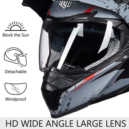 ILM Off Road Motorcycle Dual Sport Helmet Full Face Sun Visor Dirt Bike ATV Motocross Casco DOT Certified Model 606V(Grey Red, L)