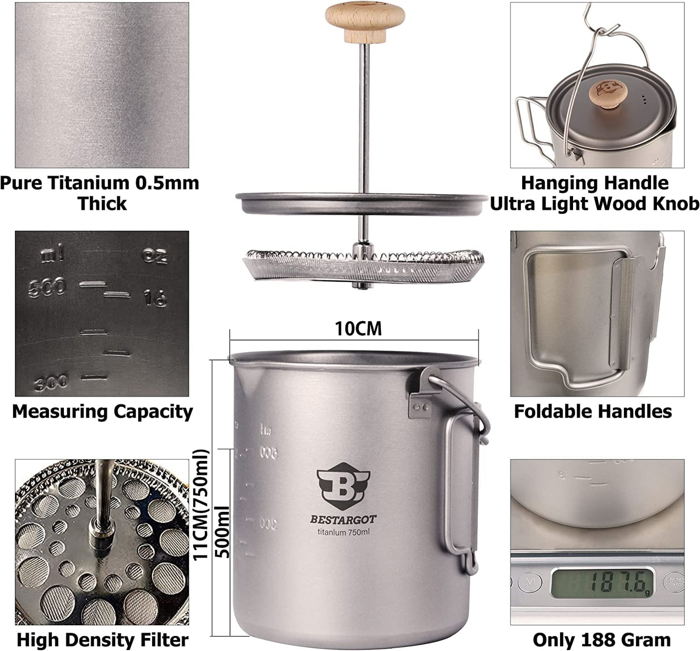 Bestargot Titanium Pot 750ml, Portable French Press | Ultralight Camping Pot for Coffee, Cooking & Survival | Compatible with Camp Stoves