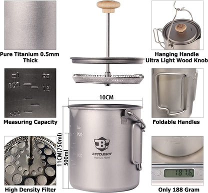 Bestargot Titanium Pot 750ml, Portable French Press | Ultralight Camping Pot for Coffee, Cooking & Survival | Compatible with Camp Stoves