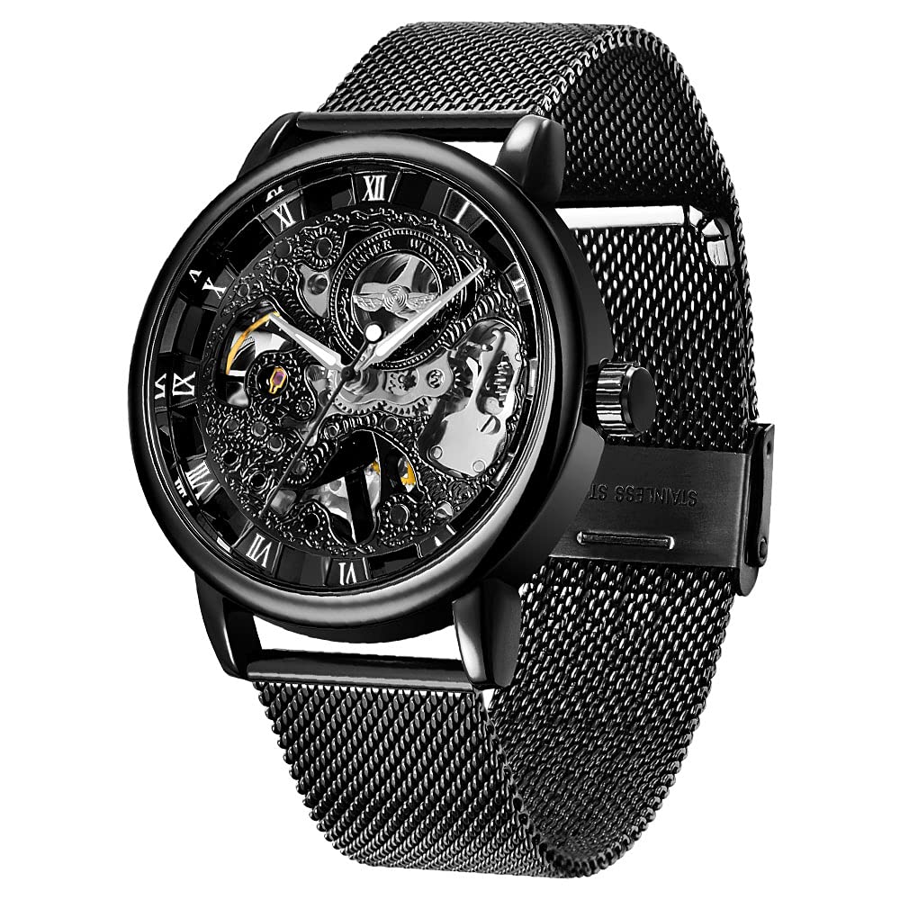 Whodoit Men's Mesh Strap Mechanical Skeleton Watch