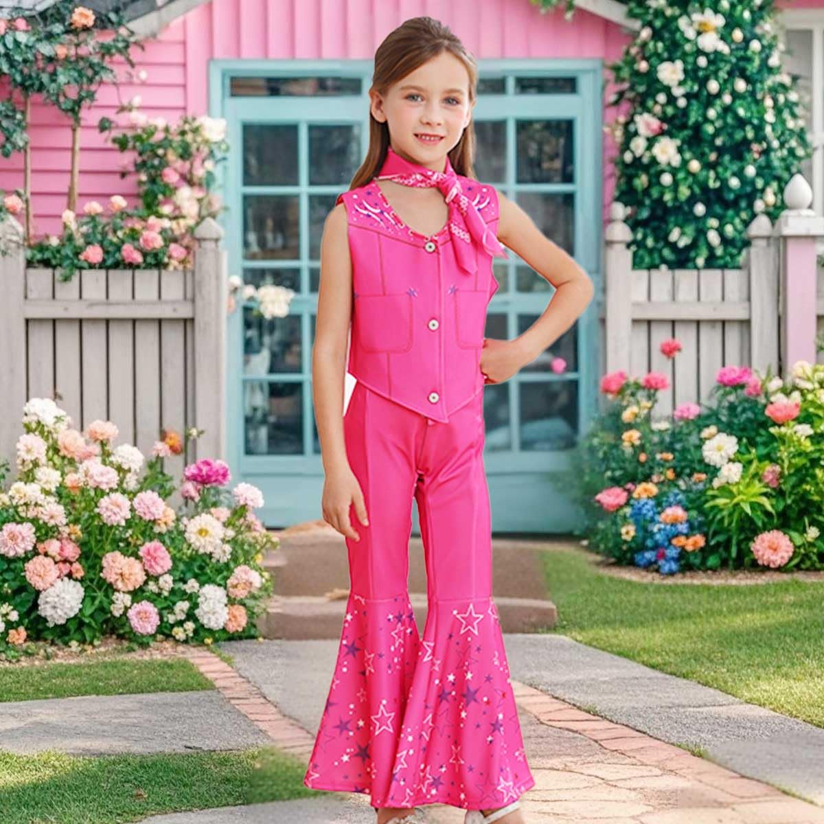 iTVTi Cowgirl Costume Girls Hot Pink Kids Disco Outfits Movie Dress up for Halloween Birthday Party Cosplay, 6-7 Years (Tag 130)