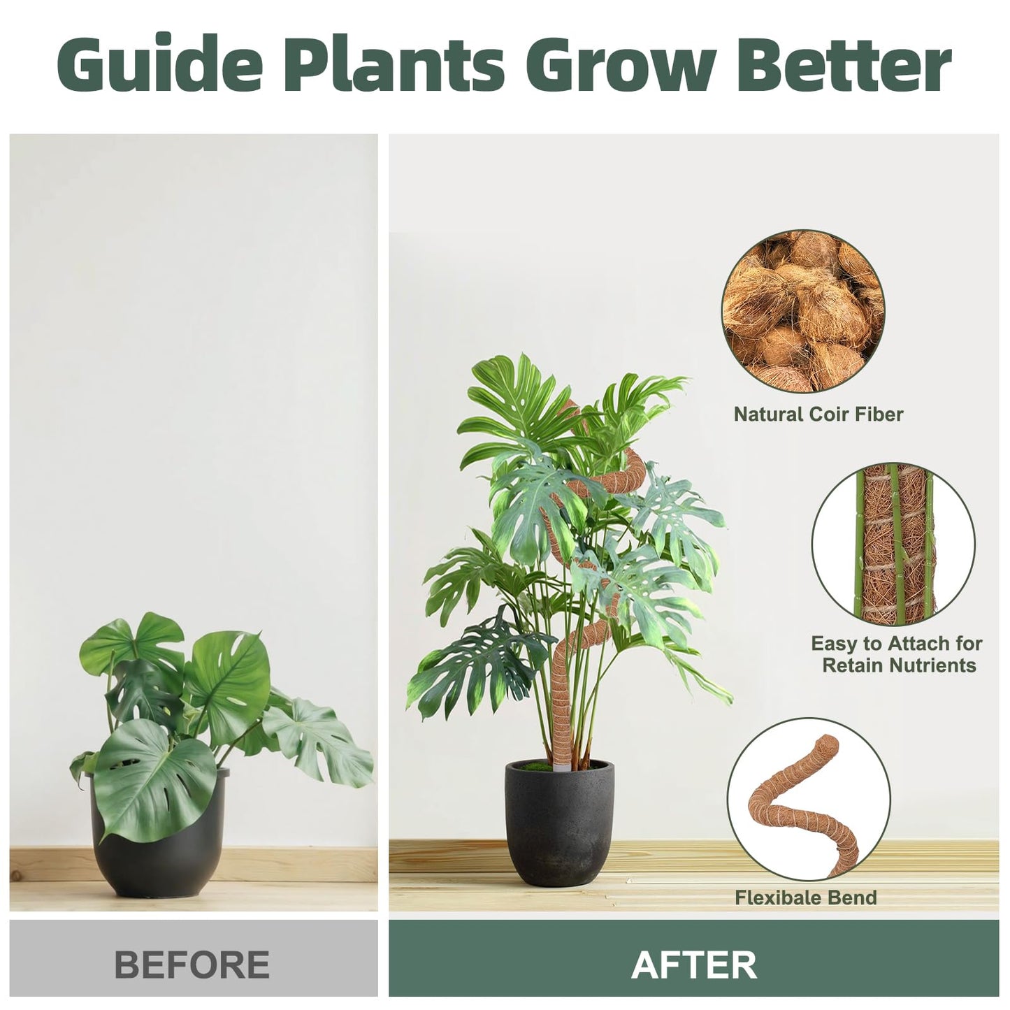 3 Pack Moss Pole, 30 Inch Monstera Plant Support， Moss Poles for Climbing Plants Indoor DIY, Coco Coir Plant Pole Moss Plant Stick Support Stake Kit for Potted Plants, Pothos, Philodendron