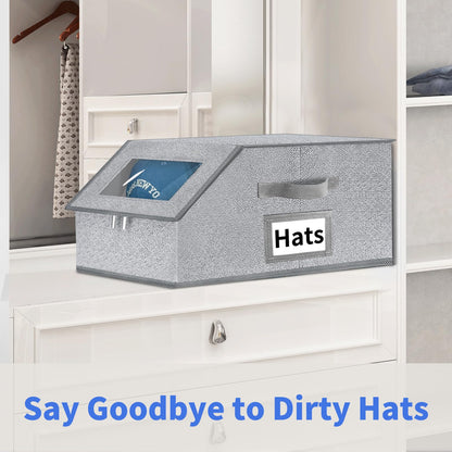 Hat Organizer for Baseball Caps - 2PCS Stackable Cap Storage with Clear Lid, Drawer & Flip-Top Access, Space-Saving Hats Box for Closet, Breathable Fabric, Grey