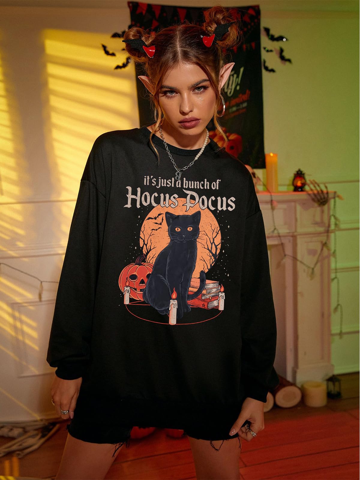 ASTANFY Halloween Sweatshirts for Women Hocus Pocus Graphic Sweatshirt Halloween Long Sleeve Shirts Black