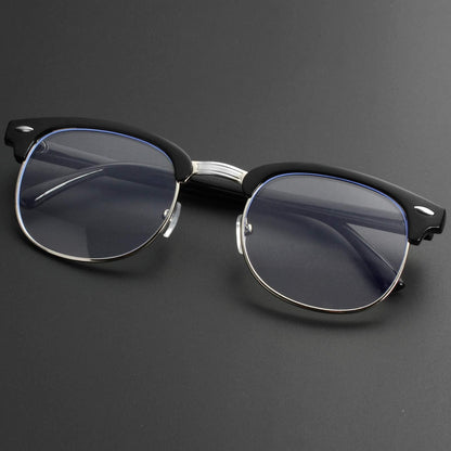Blue Light Blocking Glasses for Women Men Classic Semi Rimless Fake Nerd Anti Blue Ray Computer Eyeglasses (Bright Black/Silver)
