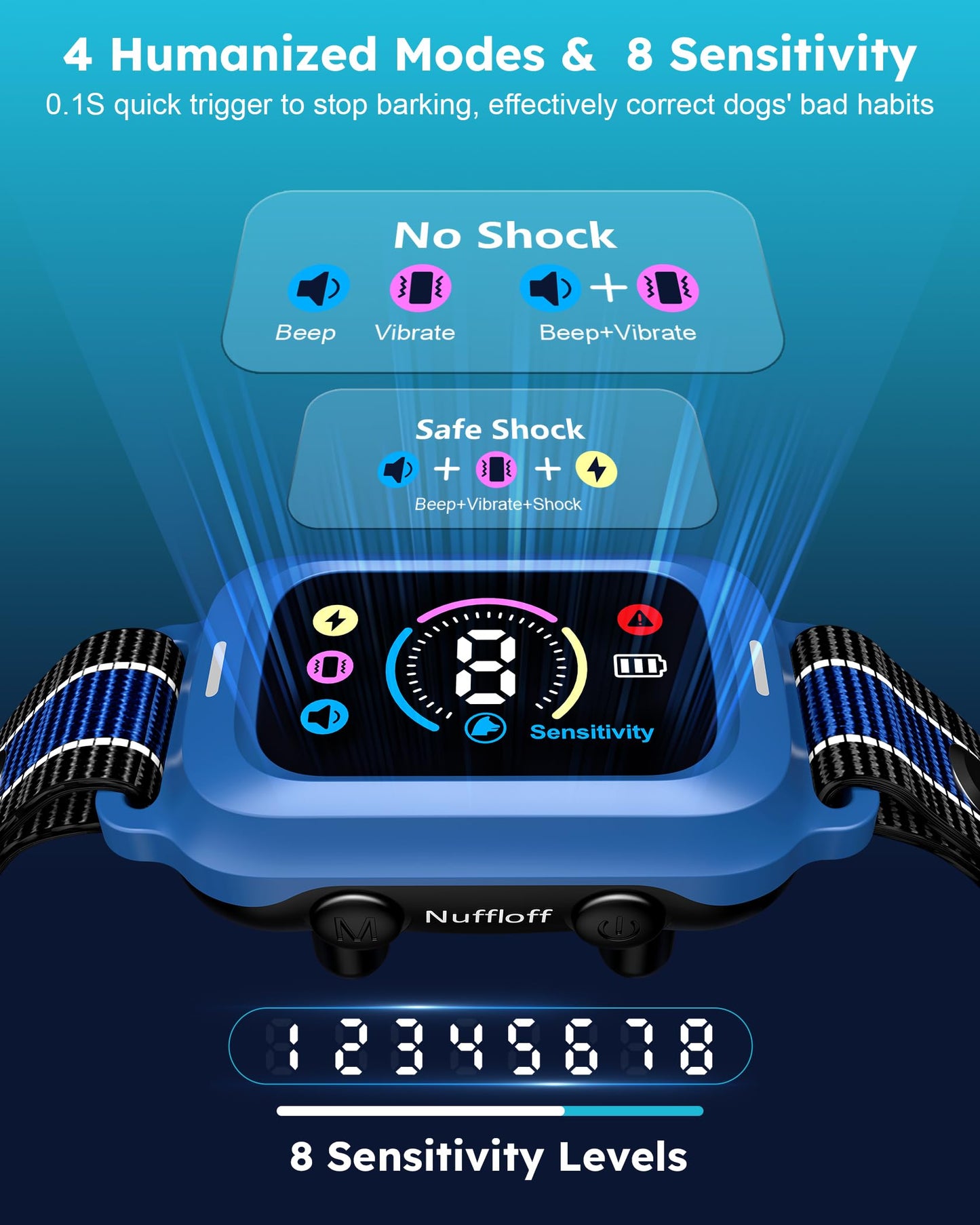 Bark Collar - Automatic Anti Barking Collar with 8 Sensitivity, Rechargeable Smart Bark Collar for Large Medium Small Dogs, Waterproof Bark Training Collar with Adjustable Beep Vibration Static Modes