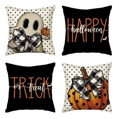 AVOIN colorlife Happy Halloween Cute Ghost Trick or Treat Throw Pillow Covers, 18 x 18 Inch Polka Dot Pumpkin Bat Cushion Case for Sofa Couch Set of 4, Black