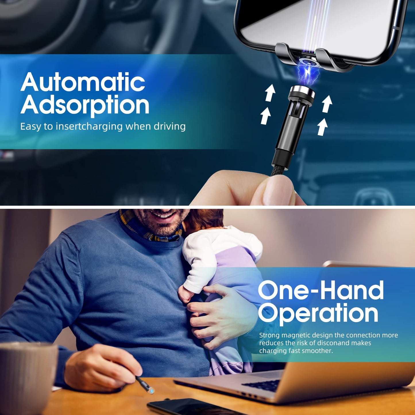 3 in 1 Magnetic Phone Charger - 5-Pack Rotating Magnetic Charger Cable with LED Light, Nylon Braided Cord for Micro-USB, USB C and i-Product Devices - Black