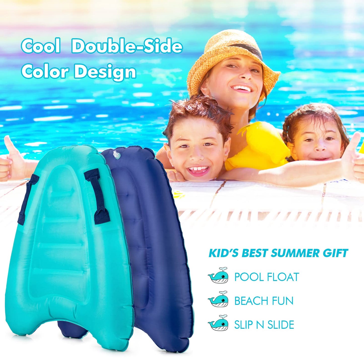Inflatable Surf Body Board with Handles, Lightweight Swimming Floating Surfboard Aid Mat Learn to Swim, Beach Safety Theme Surfing Swimming Summer Water Fun Toy for Both Kids and Adult