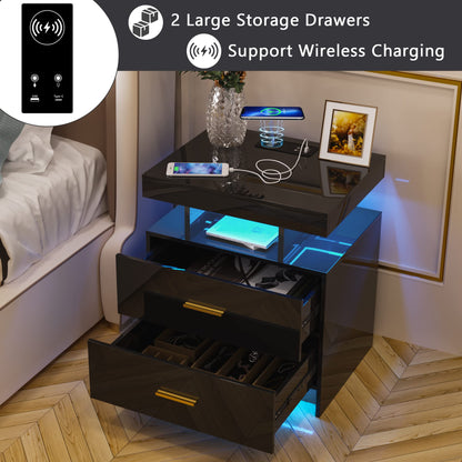HNEBC Auto LED Nightstand with Wireless Charging Station & USB Ports,High Gloss Bedside Tables with 2 Drawers,Floating Nightstand with 3 Color & Adjustable Brightness Embedded LED Light Strip