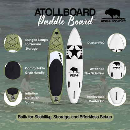 Atoll Inflatable Paddle Board with Premium SUP Stand Up Paddle Board Accessories & Back Pack, Non-Slip Comfort Deck for Unisex Adult - 11ft (Army Green)