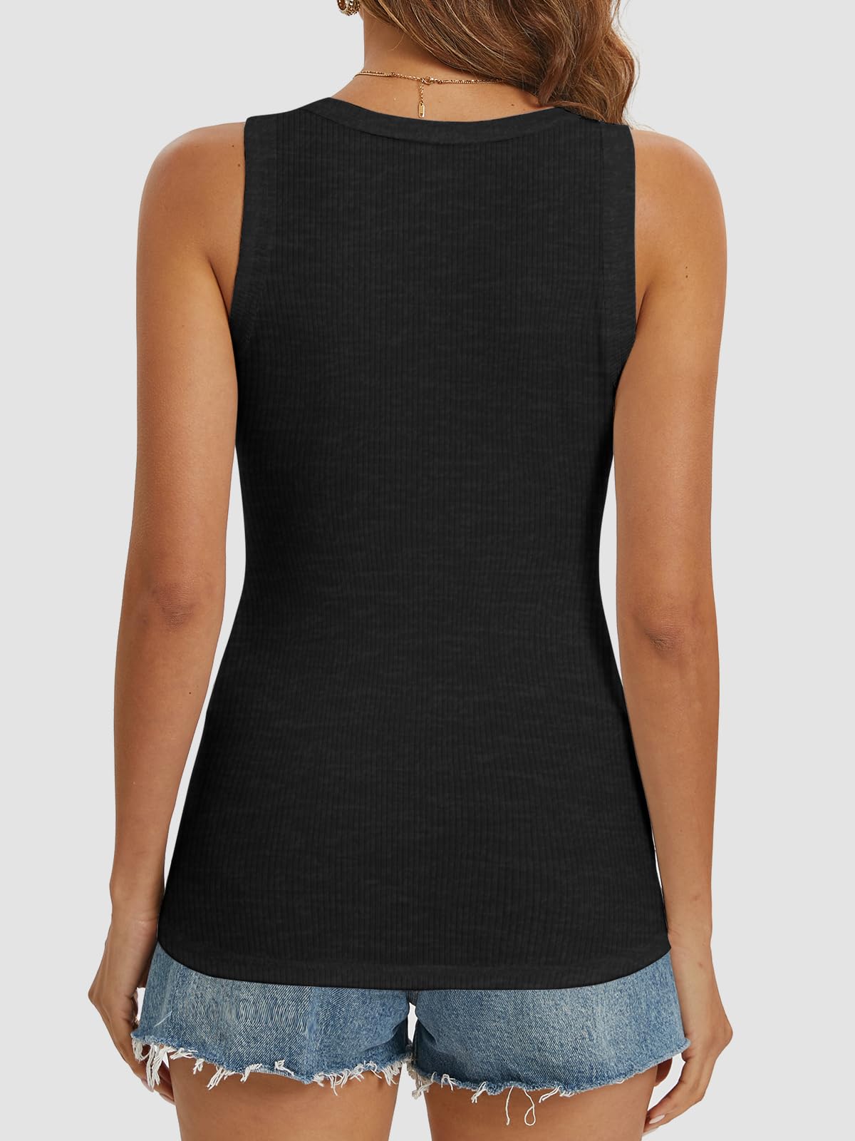 ATHMILE Women Sleeveless Basic Tops Summer Clothing Casual Ribbed Sleeveless Cami Tank Top Slim Fitted Blouses T Beach Black