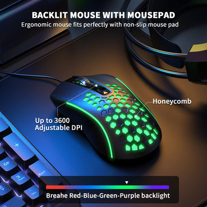 AULA Gaming Keyboard Mouse Headset and Mousepad Combo, RGB LED Backlit Gaming Keyboard Bundle, USB Wired Keyboards Combo for PC Gamer, Xbox, PS4 Users