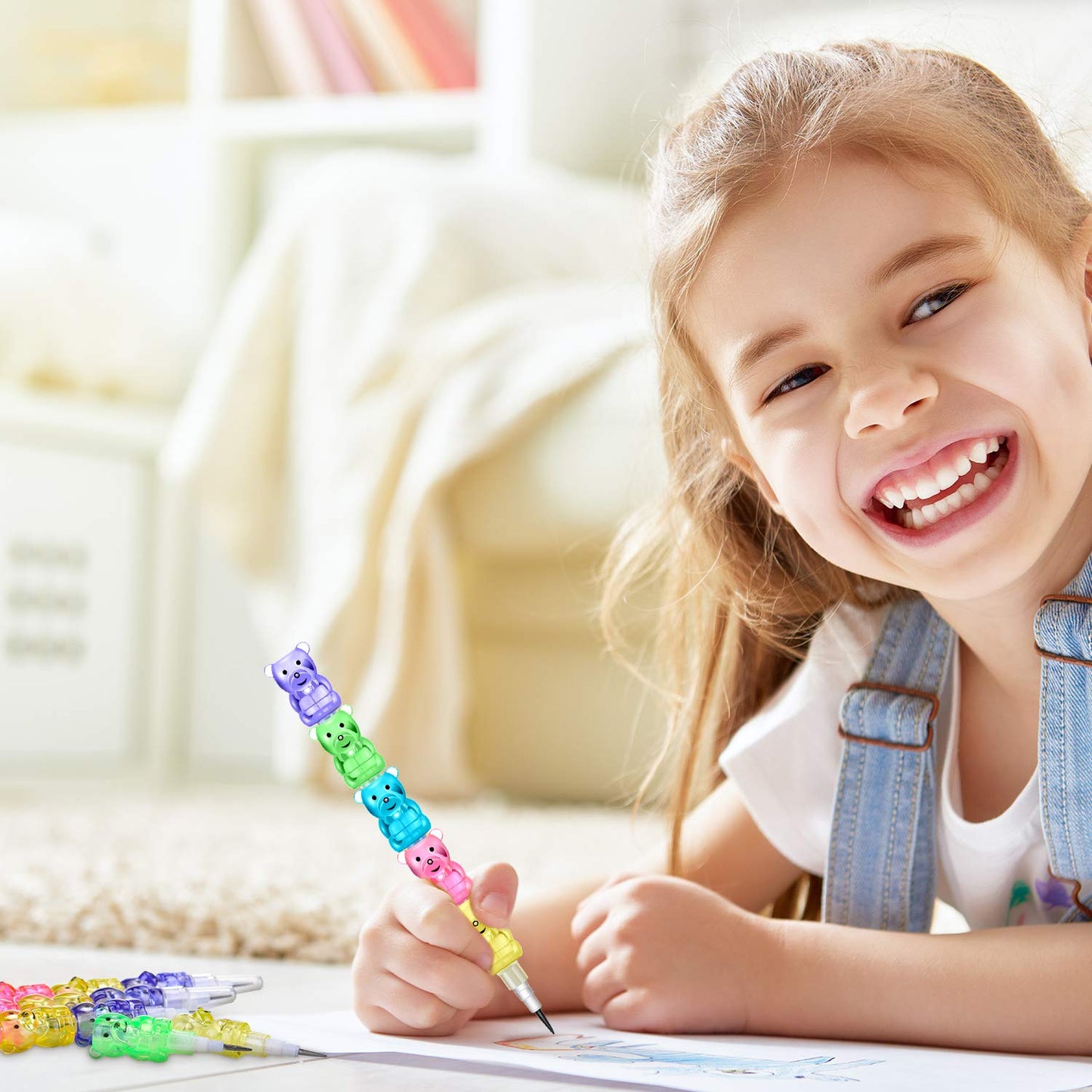 Boao 30 Pcs Stackable Pencils Plastic Bear Pencils 5 in 1 Stacking Colored for Birthday Bear Party Favors School Supplies Fun Equipment