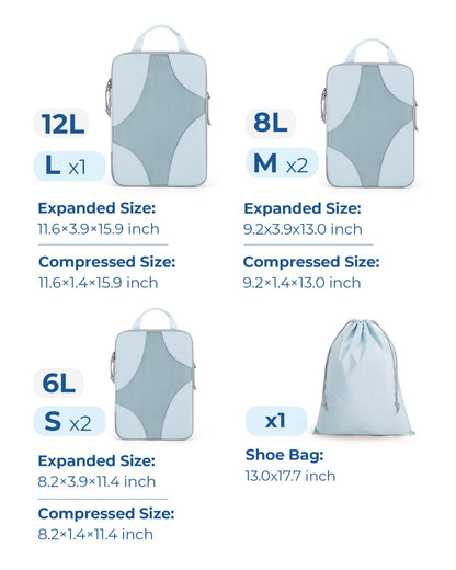 BAGSMART Compression Packing Cubes for Travel, Compressible Luggage Organizer for Cruise Ship, Lightweight Travel Essentials 6-Pack 1L+2M+2S+1Shoe Bag, Sky Blue