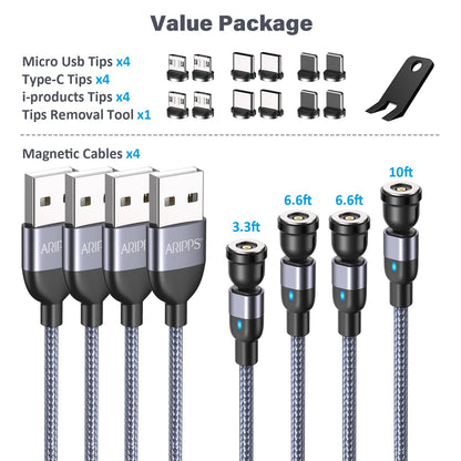 Aripps Magnetic Charging Cable 4 Pack (3.3ft/6.6ft/6.6ft/10ft), 540 Degree Rotating Magnet Phone Charger Cable, 3 in 1 Nylon Braided Magnetic USB Cable for Micro,Type C and iProduct Device
