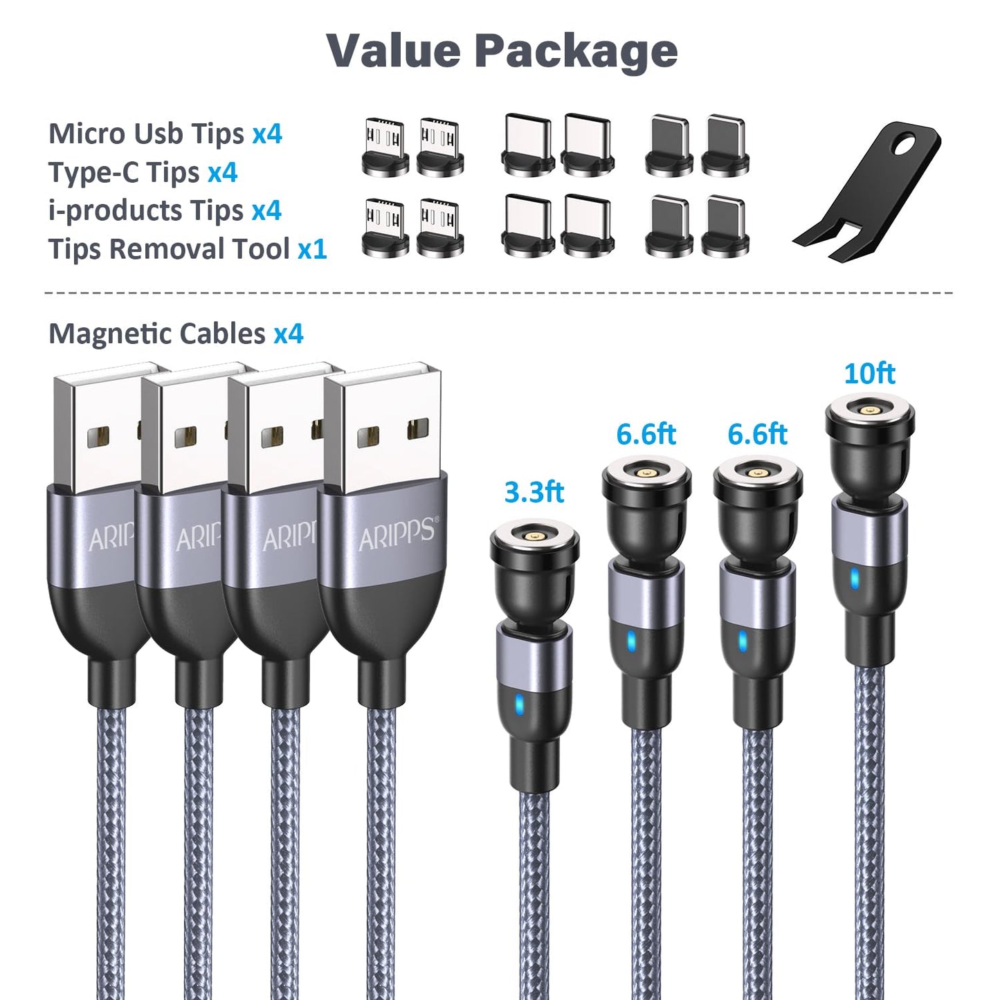 Aripps Magnetic Charging Cable 4 Pack (3.3ft/6.6ft/6.6ft/10ft), 540 Degree Rotating Magnet Phone Charger Cable, 3 in 1 Nylon Braided Magnetic USB Cable for Micro,Type C and iProduct Device