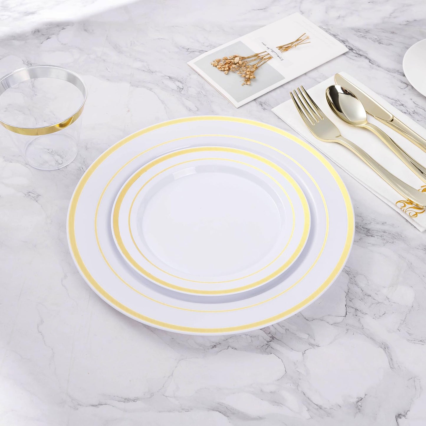 BESTVIP 200PCS Gold Plastic Plate, Disposable Party Plates with 100 Dinner Plates and 100 Dessert Plates, Plastic Plates for Party, Wedding and Birthday