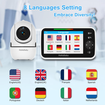 HelloBaby No WiFi Baby Monitor 5" Screen 30-Hour Battery Pan-Tilt-Zoom Video Upgrade with Camera and Audio, Night Vision, VOX, 2-Way Talk, 8 Lullabies and 1000ft Range