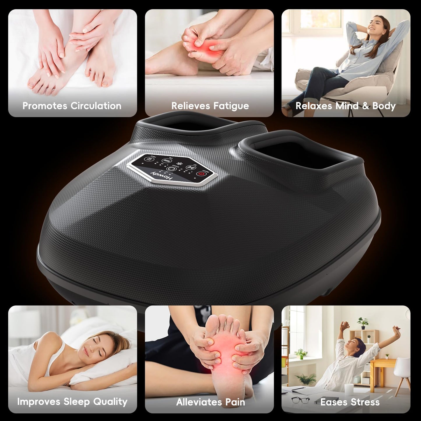 Howdy Shiatsu Foot Massager Machine with Heat, Compression & Remote - Deep Kneading, 3 Intensity Levels, Gifts for Women/Mom/Dad - Fits Size 12, Removable Washable Covers & Portable Storage Bag