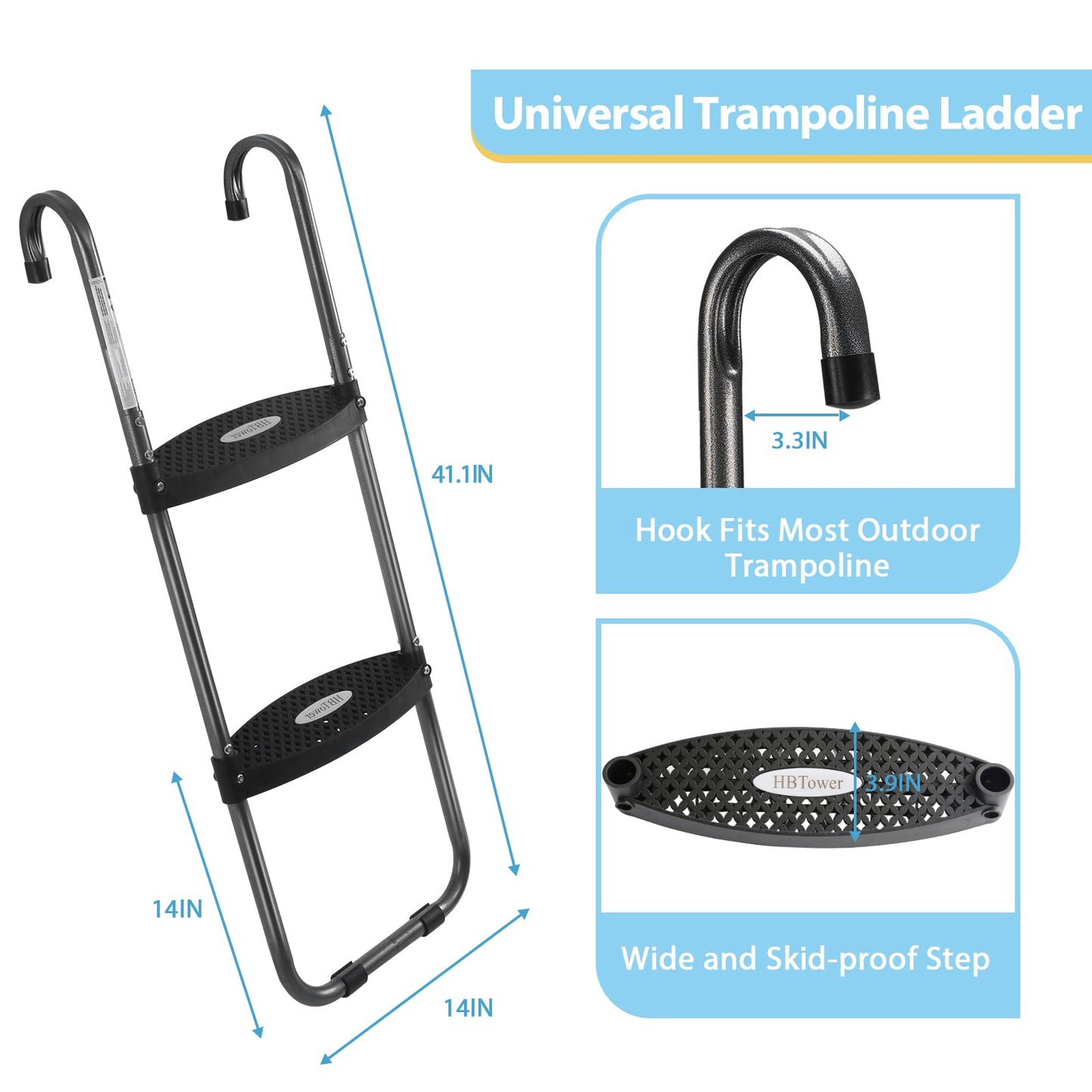 HBTower Trampoline Ladder, 2 Steps with Wide Steps, Trampoline Storage Bag, Universal Hook, 220 lbs Capacity Trampoline Accessories for Children Kids, Black