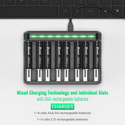 BONAI AA Rechargeable Batteries 2800mAh 8pack with Smart Charger for AA AAA C D NiMH Battery