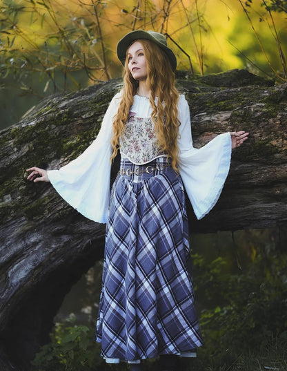 Women Plaid Skirt High Waisted Victorian Vintage Maxi Skirts for Halloween Grey L