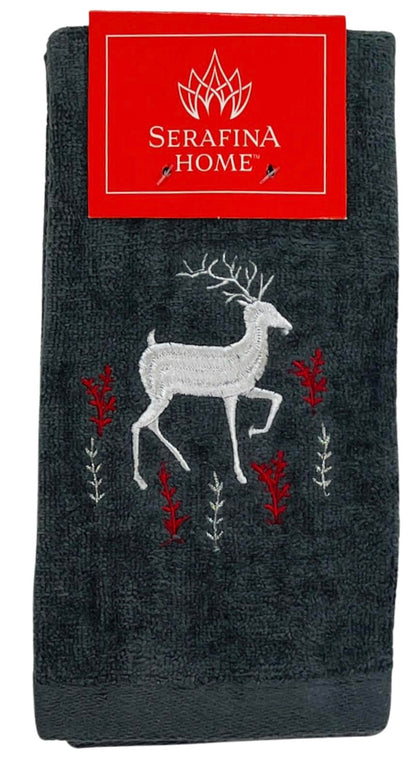 Holiday Christmas Cotton Towels: Noble Reindeer Buck Deer Design, Gray Silver Red White, Set of 2