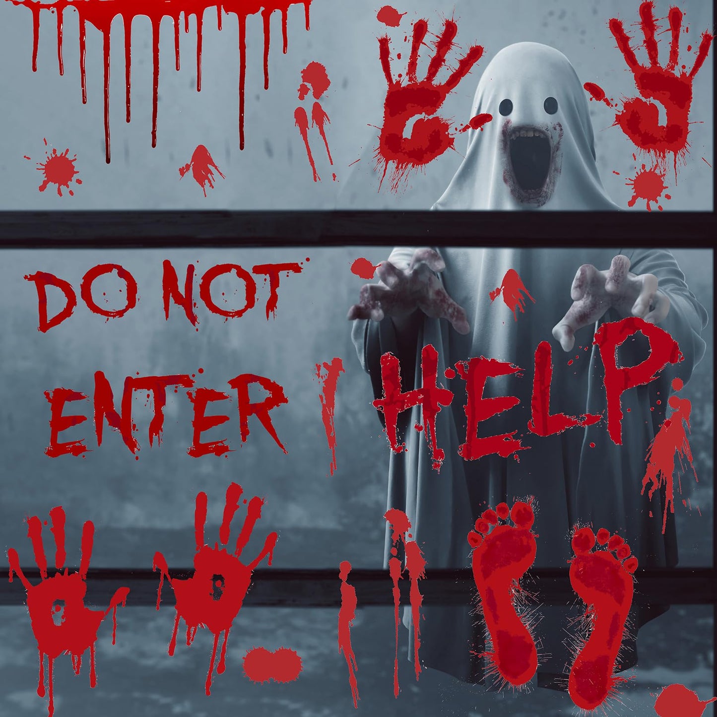 AREOK 139 Pcs Bloody Handprint Footprints Stickers - Halloween Bloody Window Clings Decals Decor Hand Prints - Spooky Scary Blood Halloween Window Decorations for Party Car Floor Mirror Door Bathroom