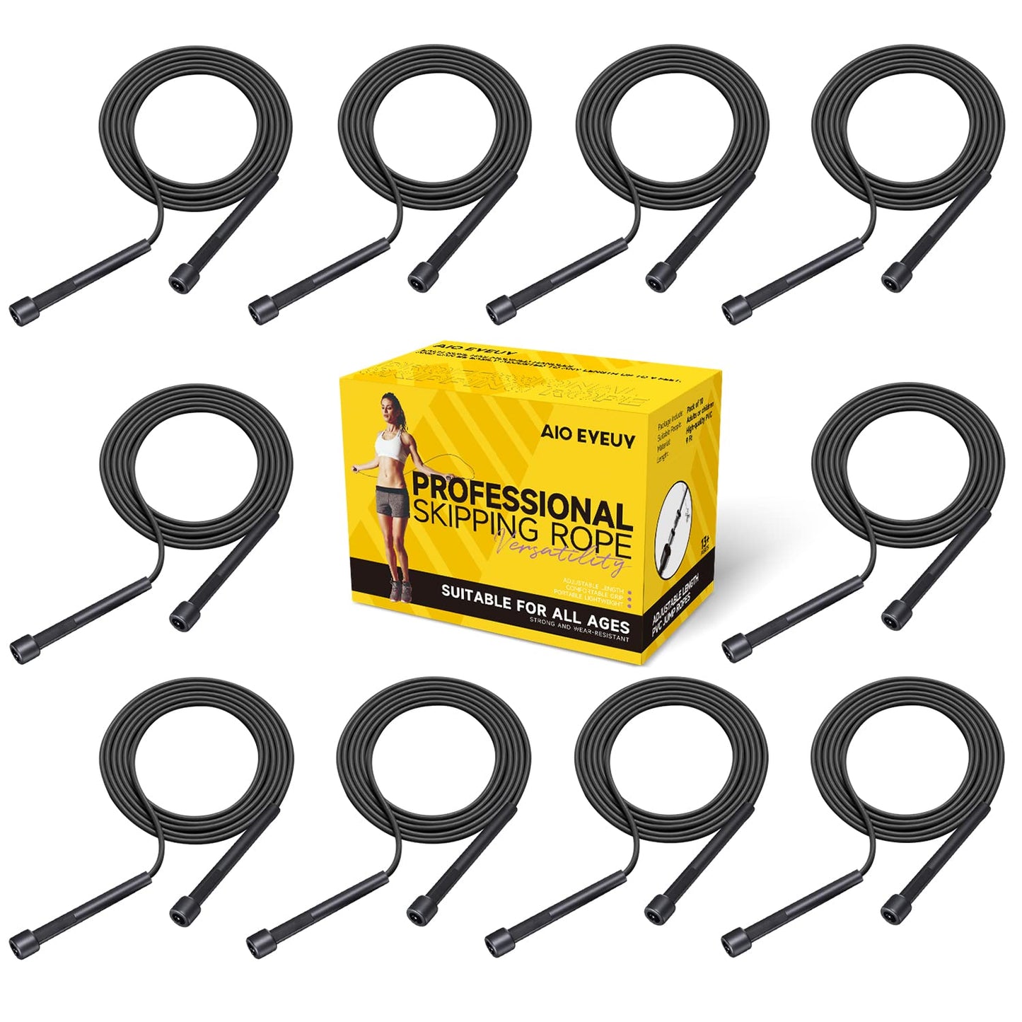 AIO EYEUY Adjustable Jump Rope for Fitness and Exercise-PVC Skipping Rope for Men,Women and Kids-Tangle-Free for Keeping Fit, Training, Workout 10 Pack Black