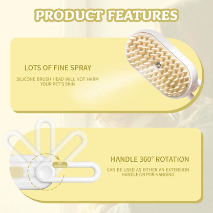 3-in-1 Rechargeable Steam Brush for Cats & Dogs - Anti-Static Spray Pet Grooming Brush with Warm Mist Massage, Hair Shedding Control, Detangling Comb & Cleaning Tool for Effective Deshedding