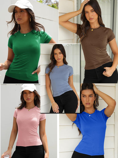 Abardsion 2025 Women Casual Activewear T Shirts Basic Crewneck Raglan Short Sleeve Slim Fit Going Out Tops(Black, S)