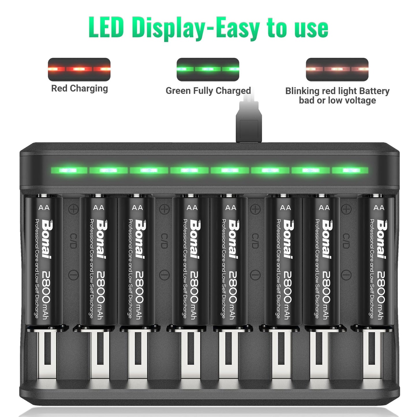 BONAI AA Rechargeable Batteries 2800mAh 8pack with Smart Charger for AA AAA C D NiMH Battery